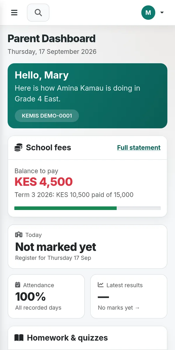 Shopika School parent dashboard showing a learner's fee balance, results and school updates