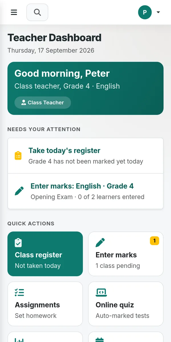 Shopika School teacher dashboard showing the class register, marks entry and quick actions